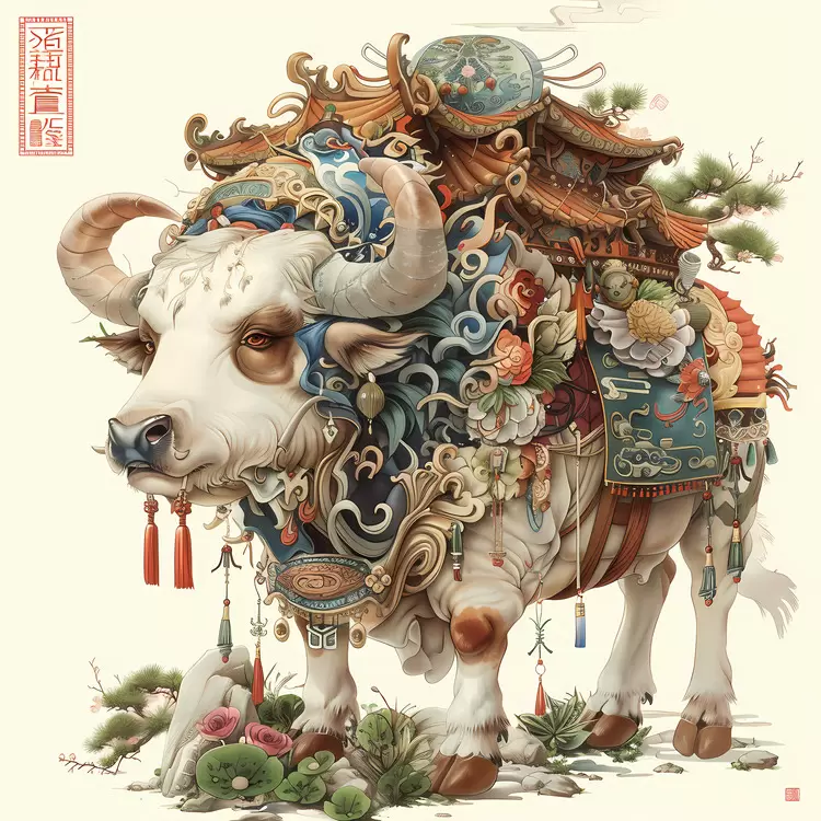 ornamental illustration cultural art ornate animal Chinese Zodiacs bull on a carpet