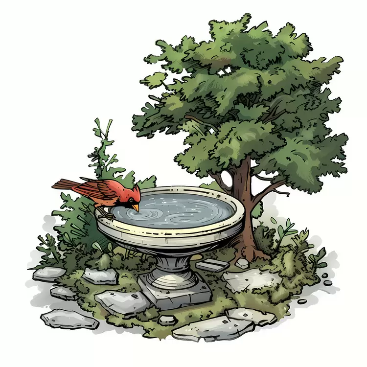 leafy branches bird bath greenery