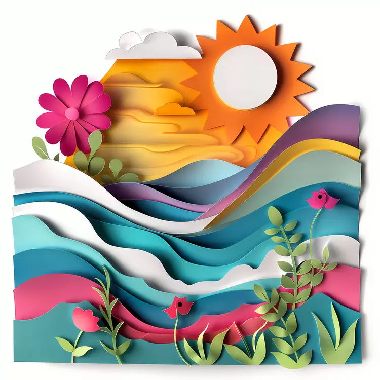 water greenery flowers mountains paper cutouts