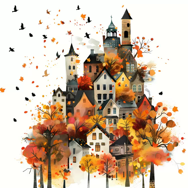 watercolor art vintage style foliage on houses colorful buildings whimsical architecture
