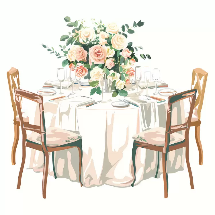 Vintage wedding table setting with roses with candles and vase of roses on it and silverware Chic table setting for a romantic dinner party