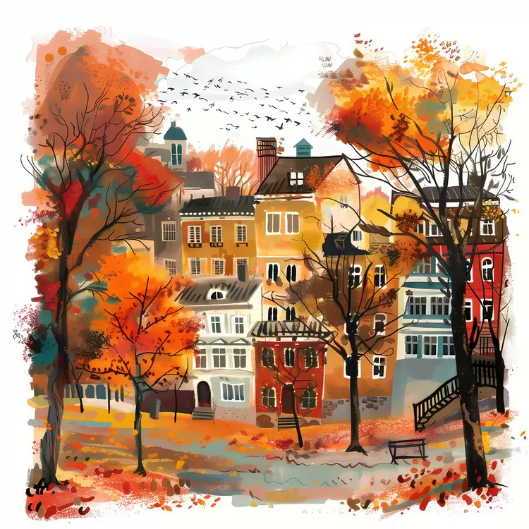 urban scene brush strokes foliage buildings colorful