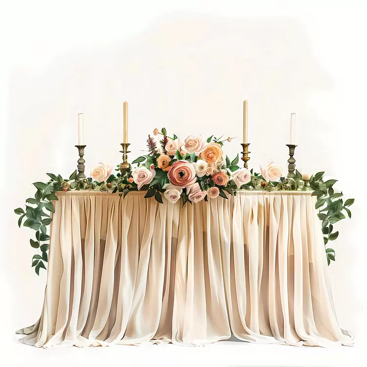 Pink and Green Flowers Roses White Tablecloth Curtain Draping Wedding Table