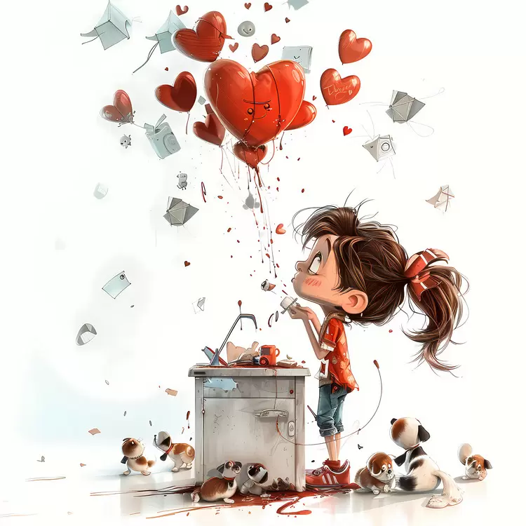 Girl with heart balloons and puppies