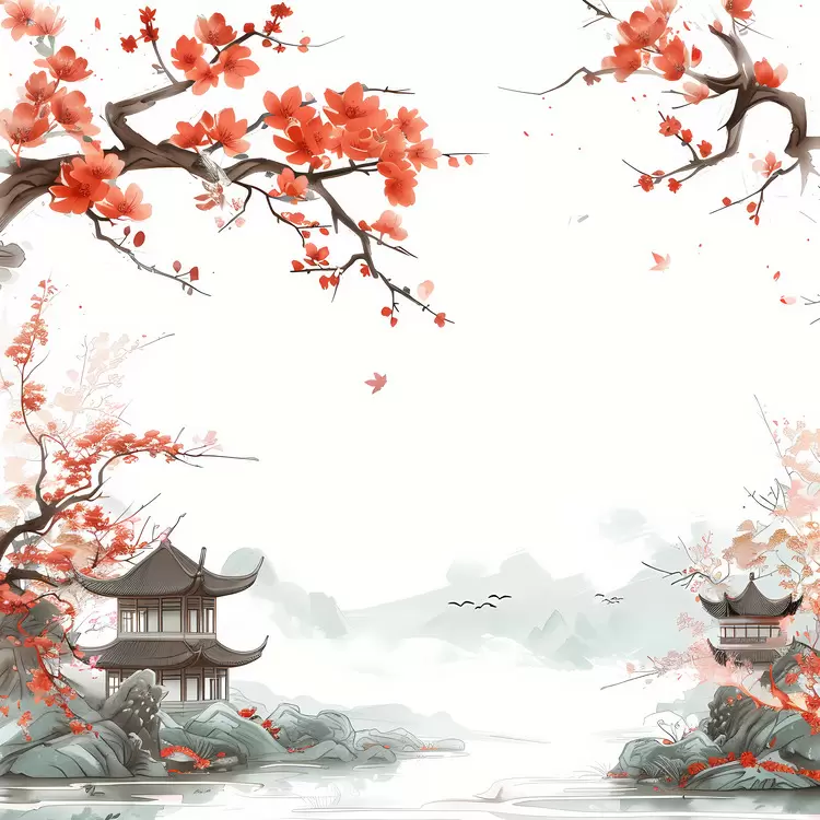 Oriental Landscape Autumn River Pagoda