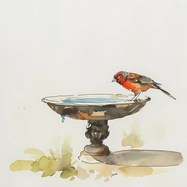 yellow Bird Bath watercolor orange