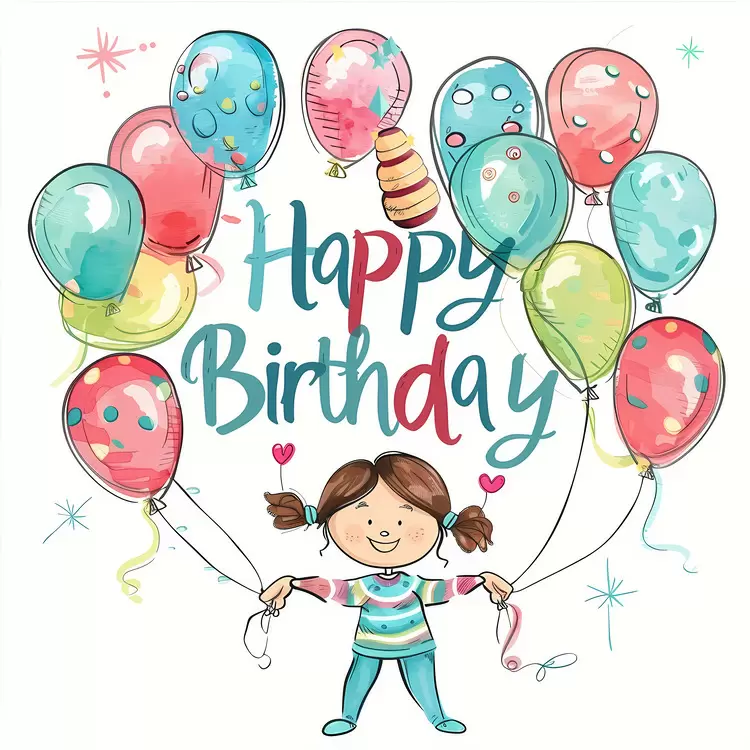 Cartoon Birthday Card Whimsical Birthday Greetings Colorful Birthday Card Celebration Girl with Balloons