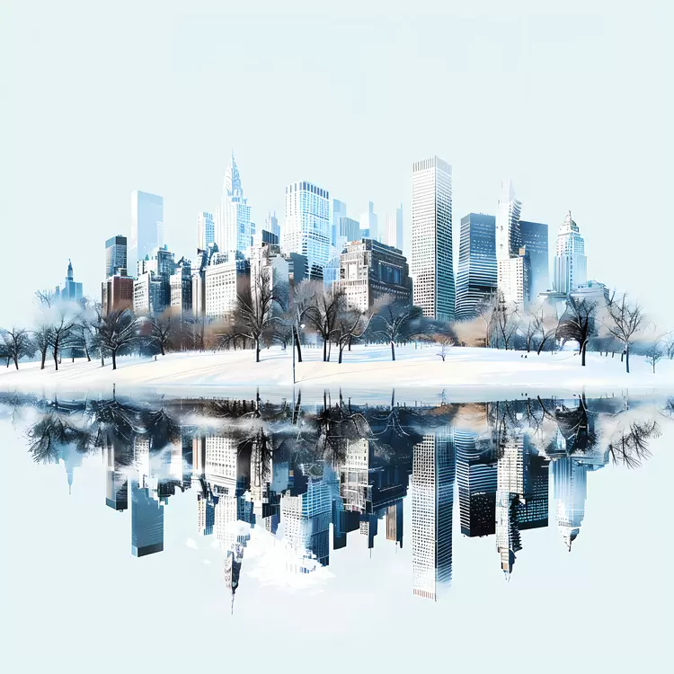 city reflected in the water winter city skyline snow covered cityscape wintertime cityscape