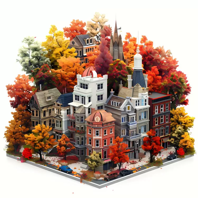 artistic rendering tree-lined streets orange red fall foliage