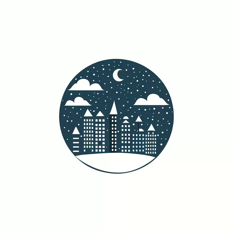 urban skyline silhouette of buildings starry night snow-covered rooftops moonlit city