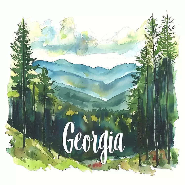 pine trees green and blue colors landscape natural beauty watercolor painting
