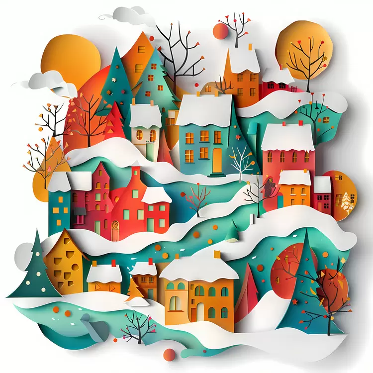 snow abstract pop art houses paper cut outs