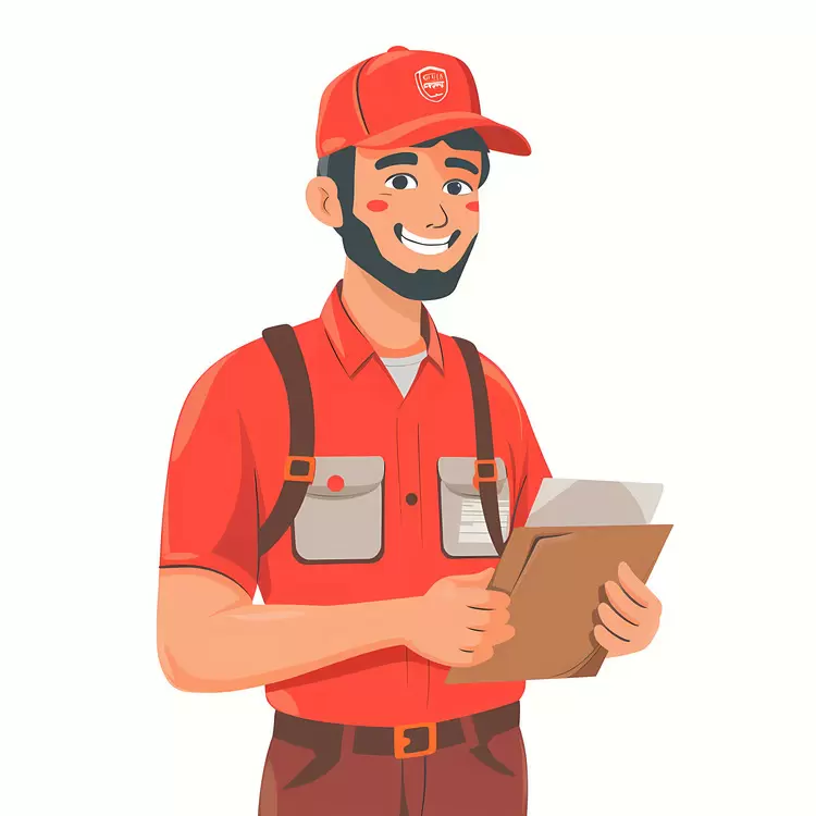 smiling blue trousers cartoon delivery driver red
