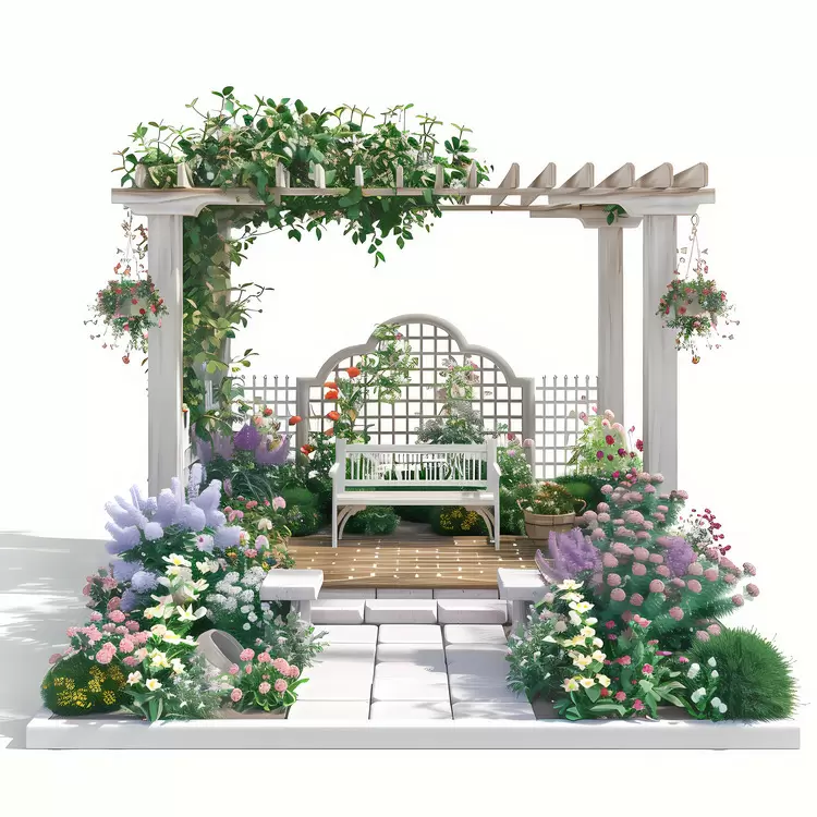 Stone path Garden bench Garden furniture White background summer yard