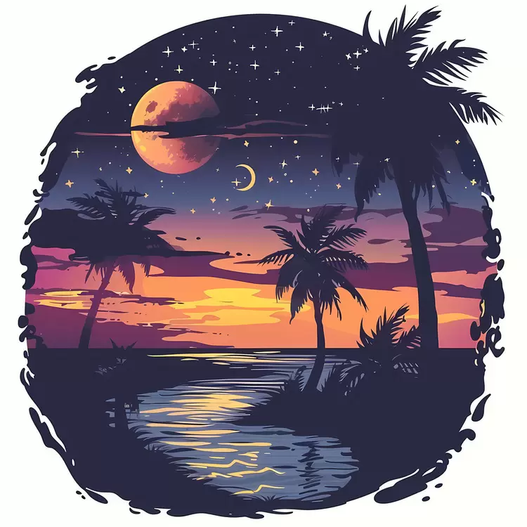 vintage art moon sunset beach vector