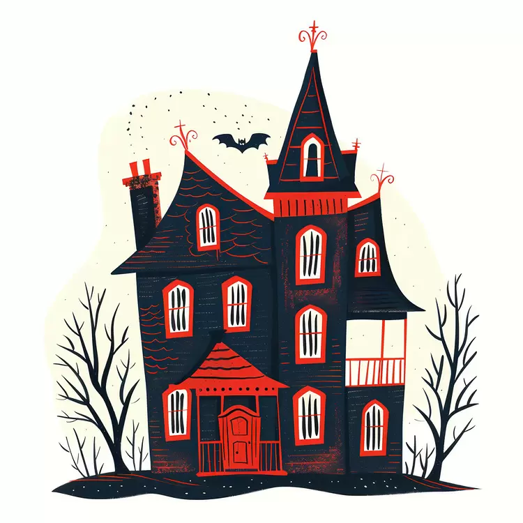Roof with pointy gables Bat flying in the sky Skeletons on the balcony Haunted House Halloween