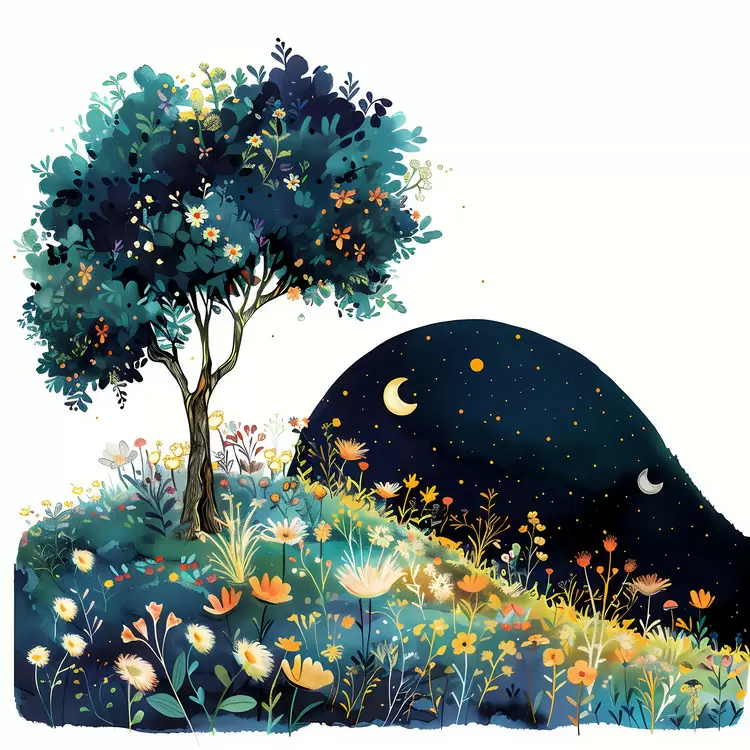 lush garden flower fields summer night tree night sky