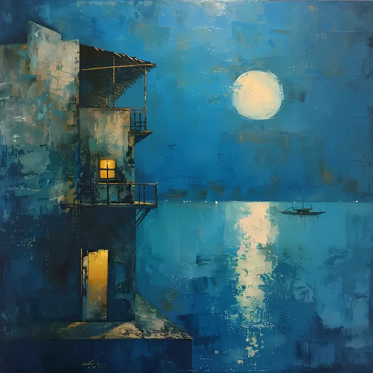Moonlight Painting style Night sky Painting size House on the water