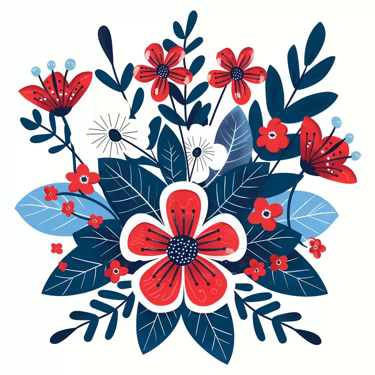 retro flower illustration 4th of July red and white blue and white