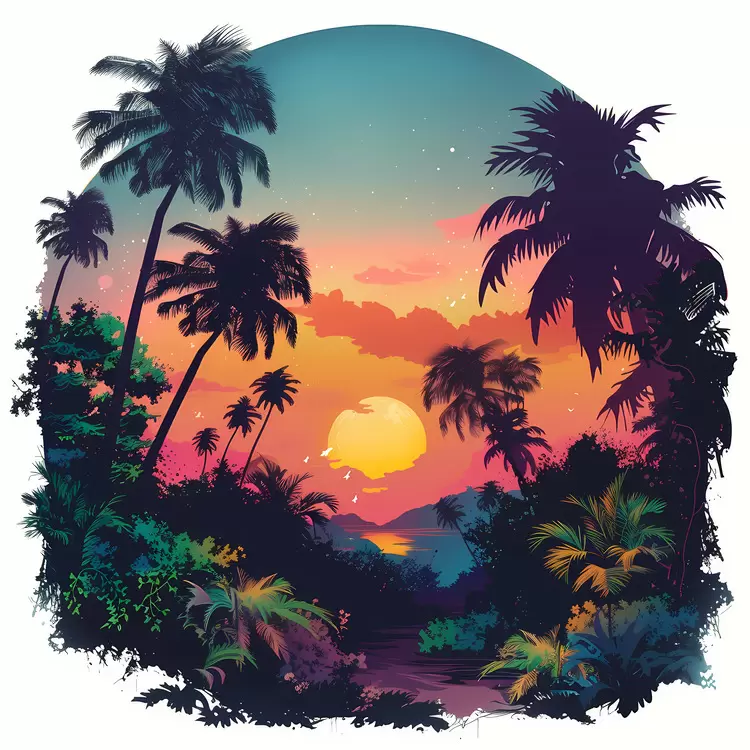 island coconut palms summer night sunset mountains