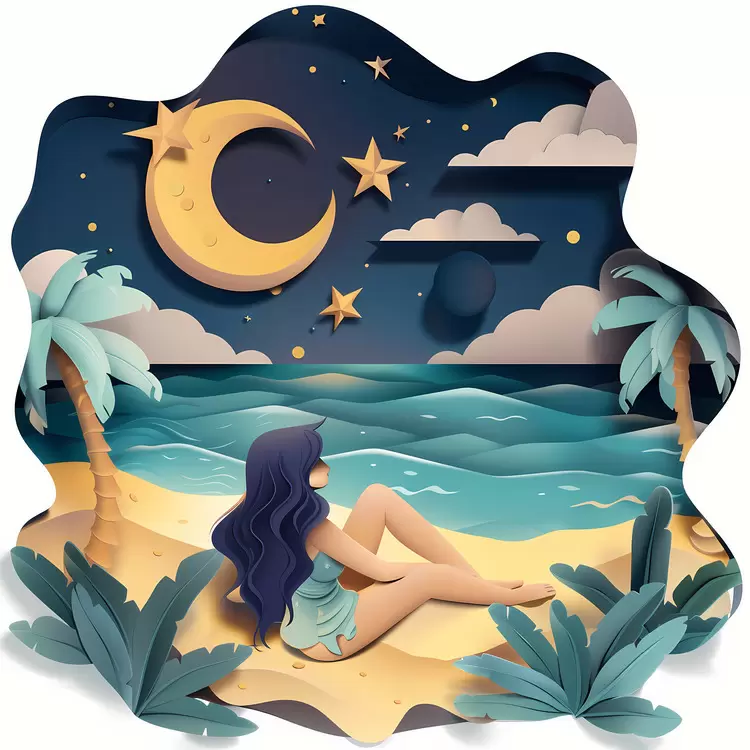 paper cut summer night sea dream moon