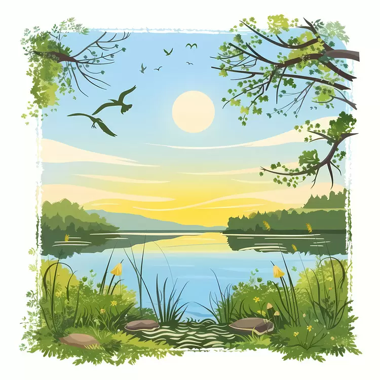 summer morning rocks in the water sunset sky birds flying