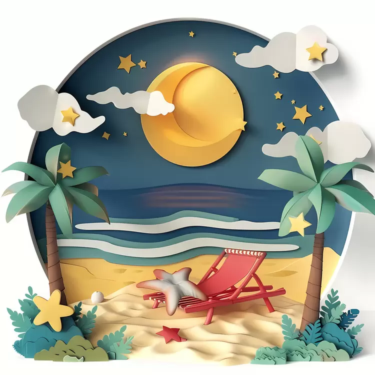 seashells beach 3d illustration sunset paper cut