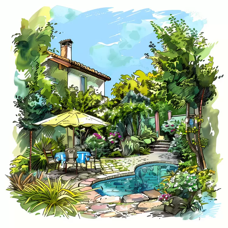swimming pool garden design pool area watercolor art landscape painting