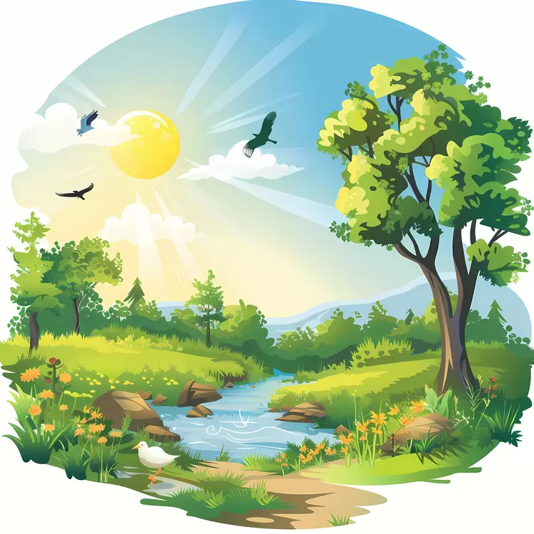 forest sunlight grass birds river