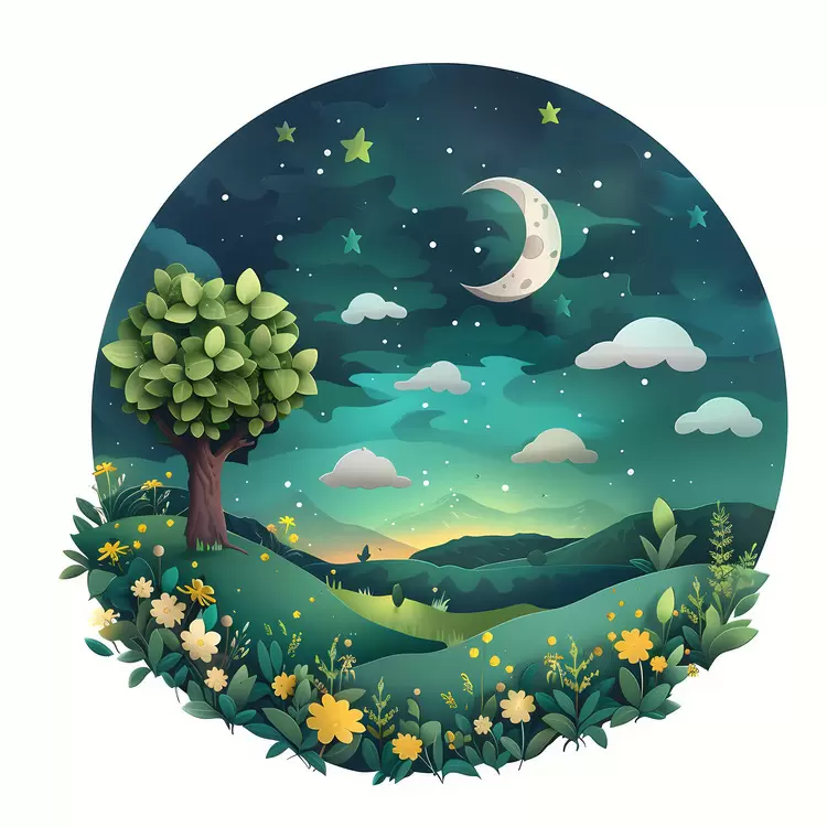 clouds flowers grass night sky trees