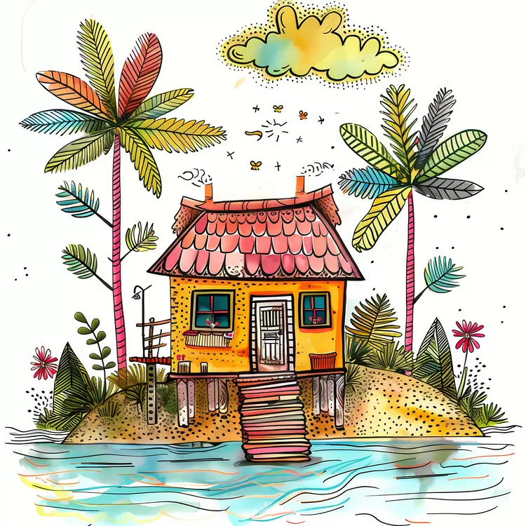 watercolor boat ocean cartoon house