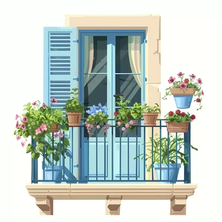 window terrace country house blue flower pot