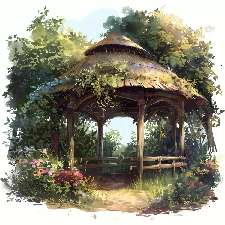 A small pavilion Wooden gazebo in a garden Surrounded by trees and foliage With greenery surrounding it Decorated with flowers