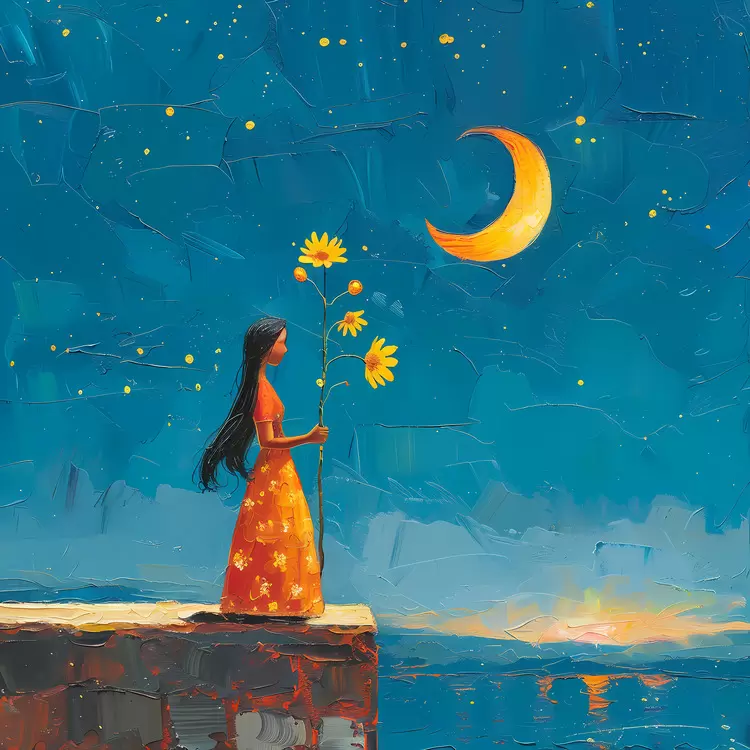 Night sky Sunflowers Art Woman Moonlight