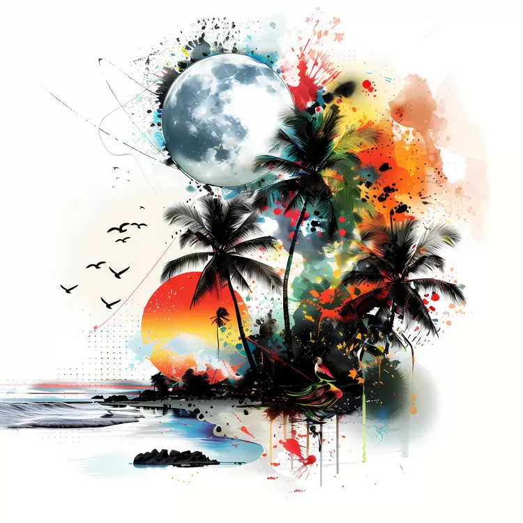 beach palm trees summer night painting moon