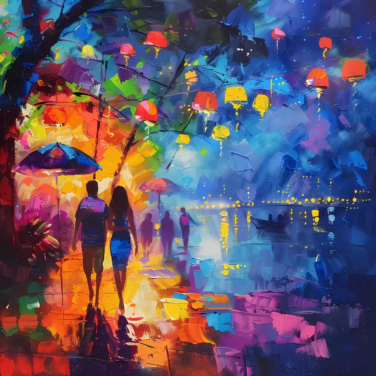 Two people walking in a rain street Cityscape People watching the sky Rainy evening Nighttime