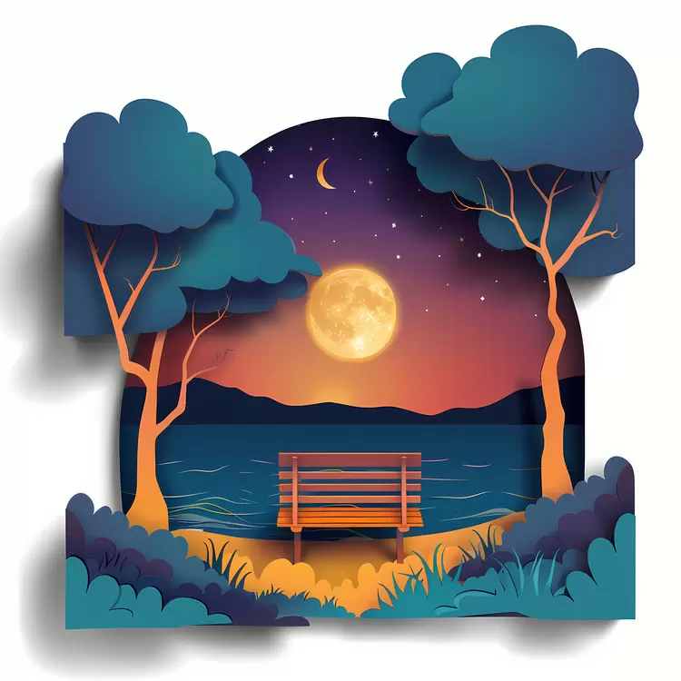 bench stars lake paper cut out design forest