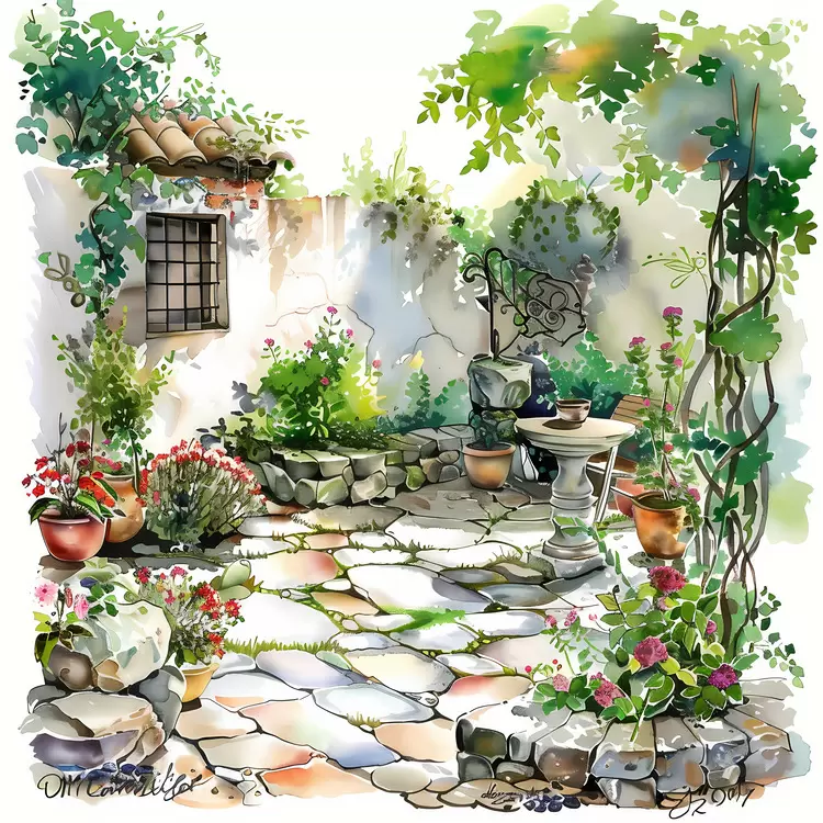 Stone pavers Outdoor furniture flowers summer balcony