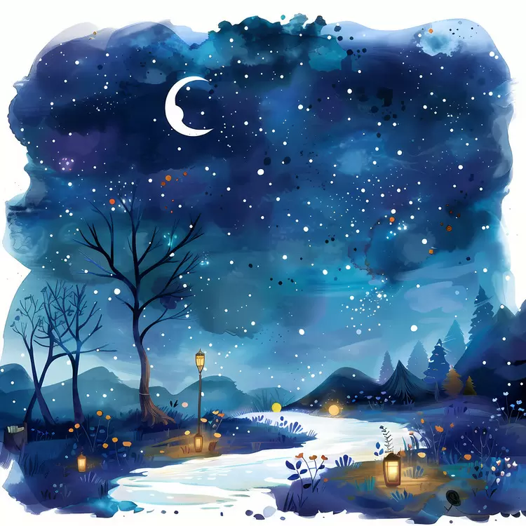river trees night scene landscape watercolor painting