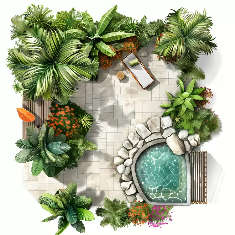 Patio furniture Potted plants Hanging lanterns Palm trees Tropical landscape