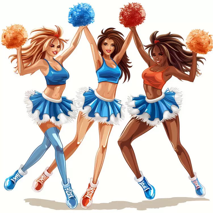 jumping dance team poms women cheerleaders
