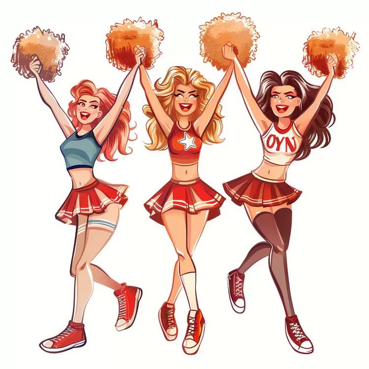girls with pompoms energetic cheerleaders in red uniforms cheerleading outfits cheerleading team