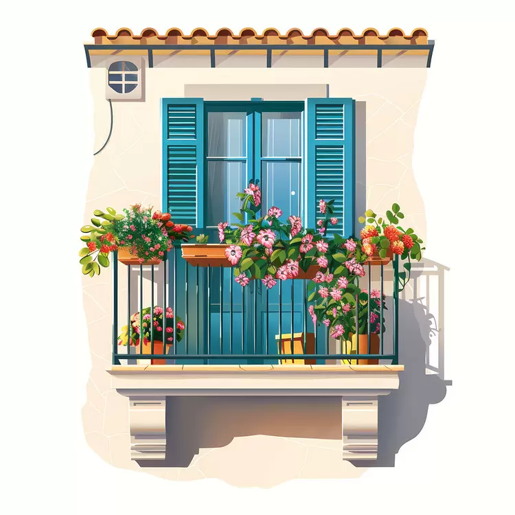 white walls summer balcony blue shutters flower pot