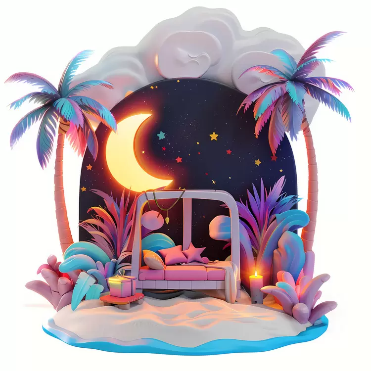 bed night sky palm trees moon