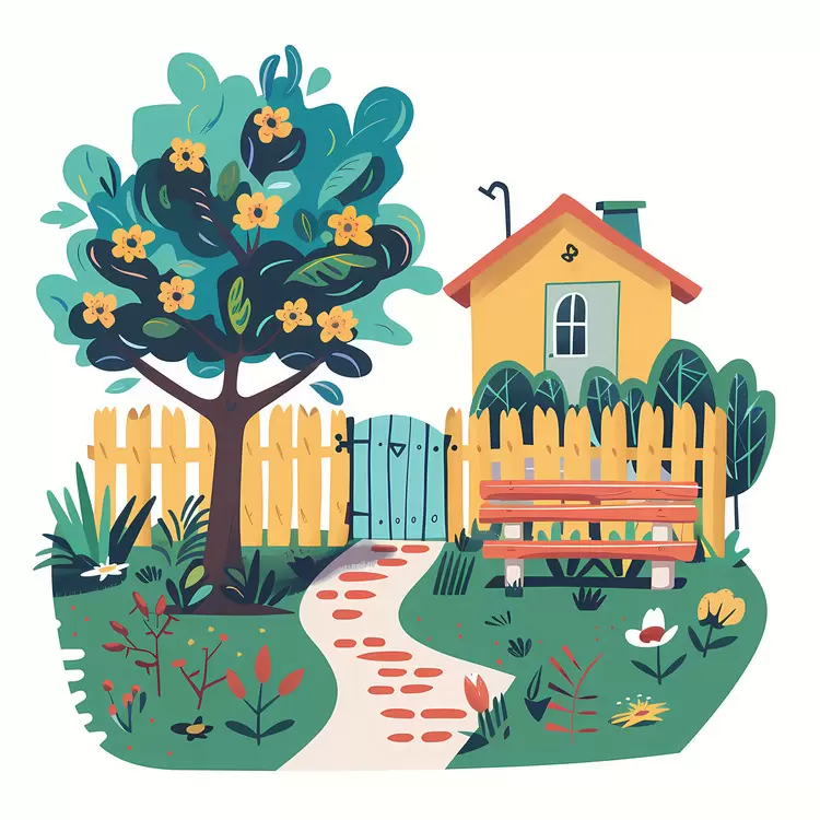 summer yard birdhouse flowers yellow house fence