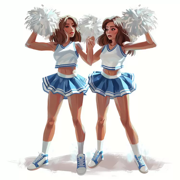 Cheerleaders Cheerleading team White pom poms Blue and white uniforms