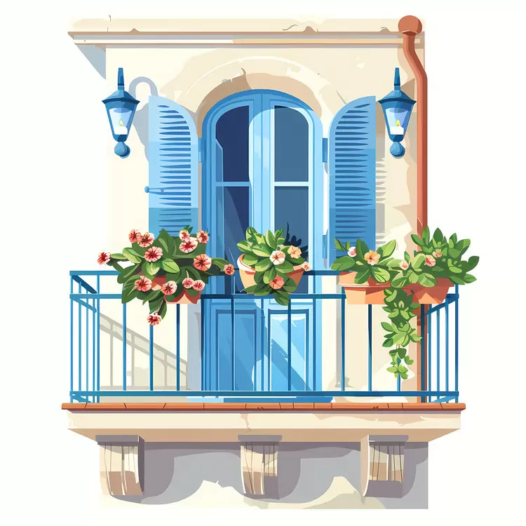 Blue shutters White railings Wooden shutters Windowsill with flowers Balcony railing