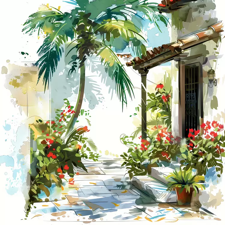 summer yard watercolor landscape fence art