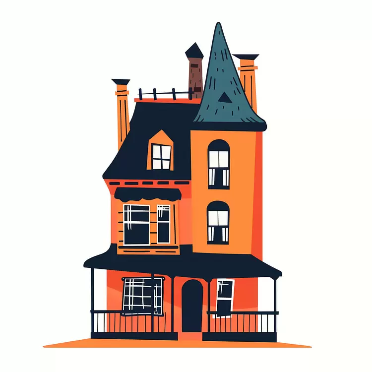 gabled roof tower balcony bay window Haunted House