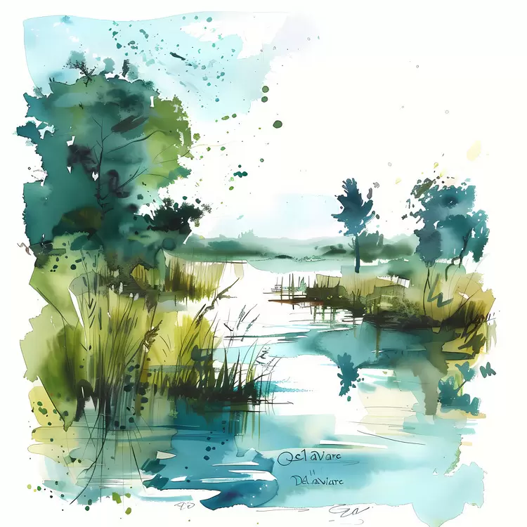 River Watercolor Delaware Trees Sky